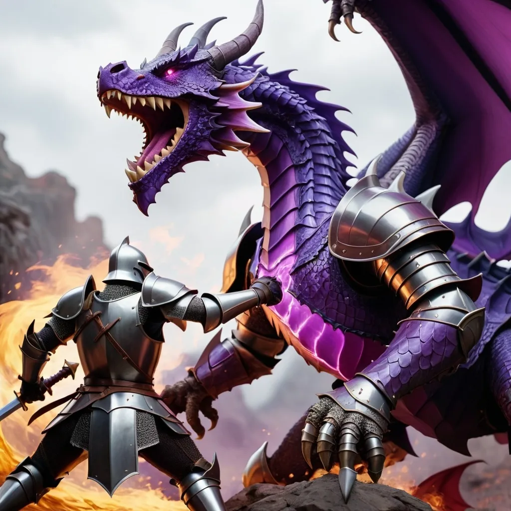 Prompt: Valilant knight in armor fighting a fierce purple dragon 