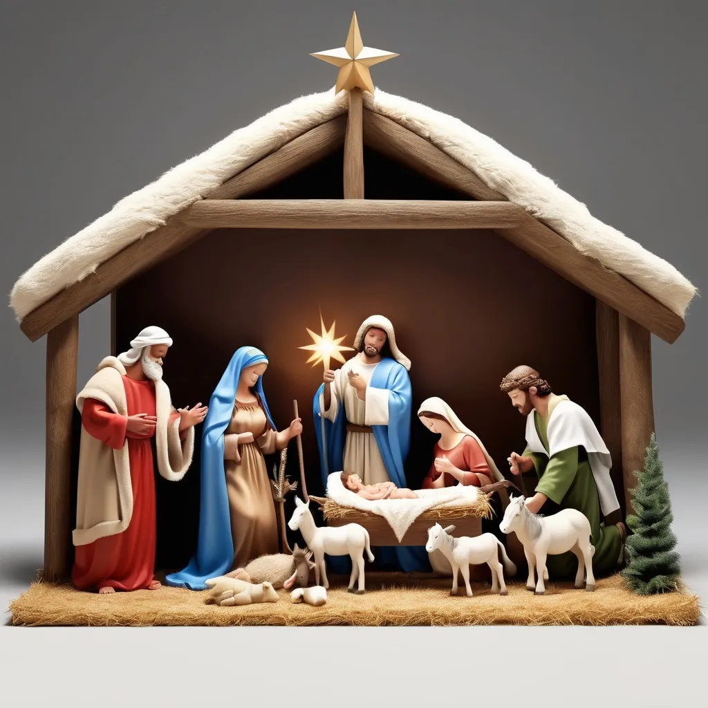 Prompt: Realistic Christmas manger with Baby Jesus, Joseph, Mary, the shepherds, the 3 wisemen, an ox and a donkey.