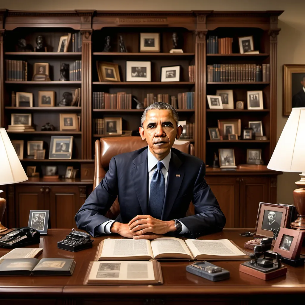 Prompt: Obama in an office setting, (realistic detail), professional atmosphere, warm lighting accentuating the space, elegant wood furniture, polished desk with modern gadgets, soft shadows cast on the wall, background featuring bookshelves filled with literature and memorabilia, focused demeanor, vintage photographs adding character, (ultra-detailed), sophisticated ambiance, hint of ambition in the air.