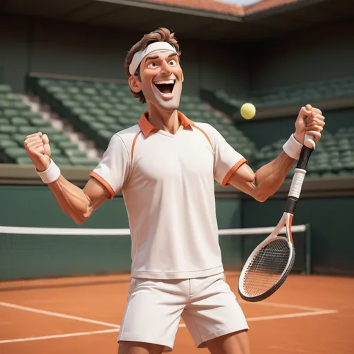 Prompt: Cartoon man pro tennis player celebrating match victory in clay