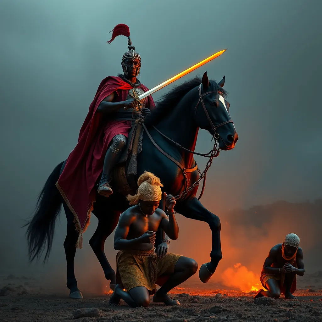 Prompt: Generate  a Realistic of an Image of An African worrior from Nigeria which his 6ft tall on his black horse with his sword of fire this his guard and his captives that are been captured kneeling down with chain in their hands 