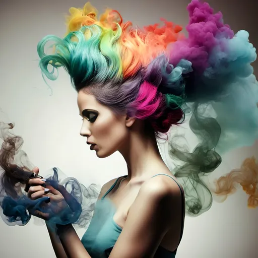 Prompt: Woman with colorful hair and smoke, surreal photography, airbrush painting, Alberto Seveso, analytical art, vibrant colors, high-contrast, detailed smoke, professional lighting, highres, vibrant colors, surreal, detailed hair, intense gaze, artistic, analytical, atmospheric lighting