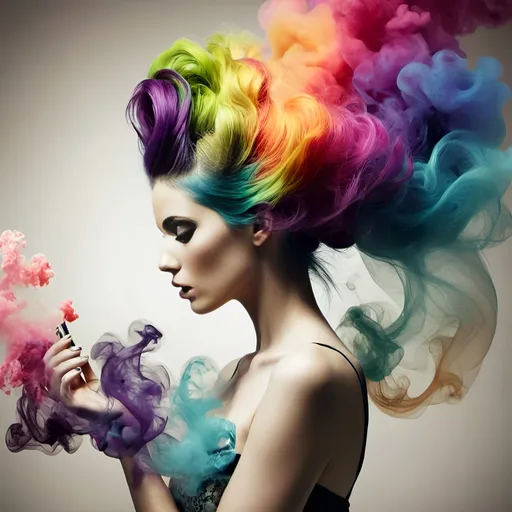 Prompt: Woman with colorful hair and smoke, surreal photography, airbrush painting, Alberto Seveso, analytical art, vibrant colors, high-contrast, detailed smoke, professional lighting, highres, vibrant colors, surreal, detailed hair, intense gaze, artistic, analytical, atmospheric lighting