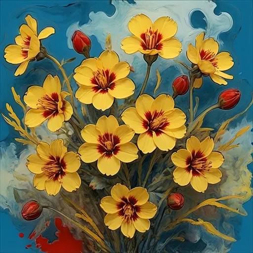 Prompt: a painting of yellow flowers with a blue background and a red border around the edges of the image and the bottom half of the frame, Affandi, generative art, summer vibrancy, a digital rendering