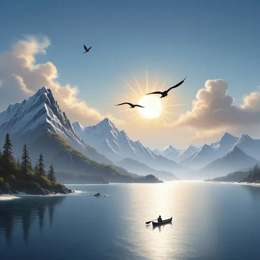 Prompt: Snow-capped mountain range with a bird flying, sun behind clouds, Bob Ross, matte painting, computer-generated art, blue ocean with beach, distant canoe, scenic landscape, high-quality, detailed, realistic, serene, tranquil, picturesque, matte painting style, realistic lighting, bird in flight, snow-capped peaks, sun breaking through clouds, Bob Ross inspiration, computer-generated, serene ocean, distant canoe, tranquil beach, detailed matte painting