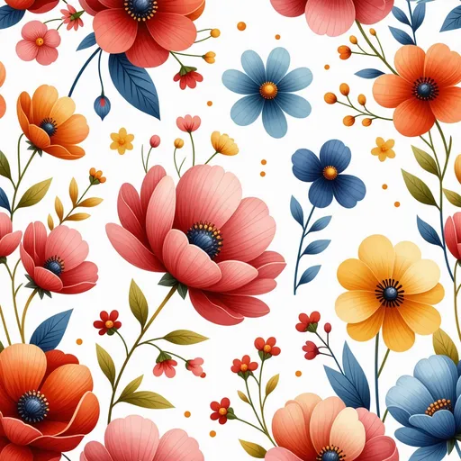 Prompt: a colorful floral seamless pattern with lots of different colors and sizes of flowers on a white background with a black border, Annabel Kidston, color field, in gouache detailed paintings, a storybook illustration