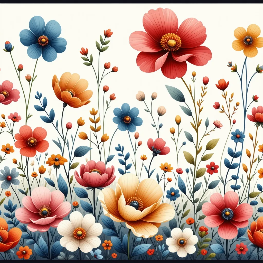 Prompt: a colorful floral seamless pattern with lots of different colors and sizes of flowers on a white background with a black border, Annabel Kidston, color field, in gouache detailed paintings, a storybook illustration