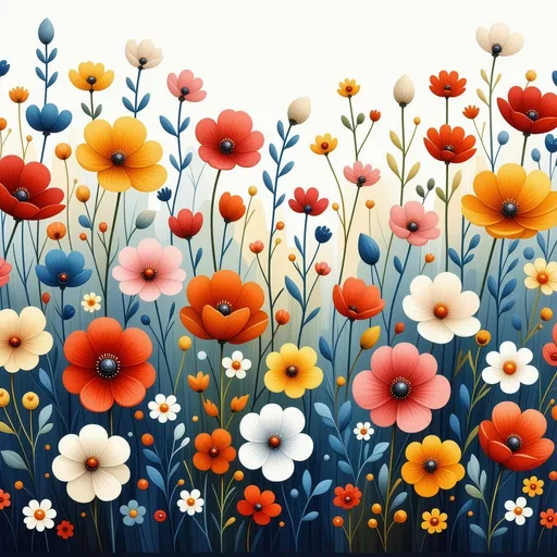 Prompt: a colorful floral pattern with lots of different colors and sizes of flowers on a white background with a black border, Annabel Kidston, color field, in gouache detailed paintings, a storybook illustration