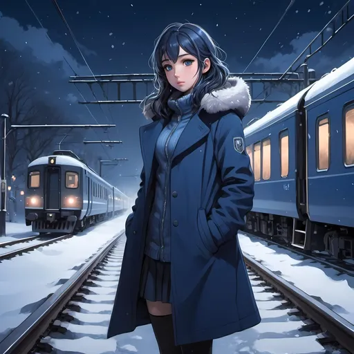 Prompt: Girl in blue coat standing in snowy night, full body, neo-romanticism, anime art, detailed painting, train in background, train track foreground, snowy landscape, detailed facial features, highres, detailed, anime, neo-romanticism, snowy night, chilly atmosphere, detailed clothing, professional lighting