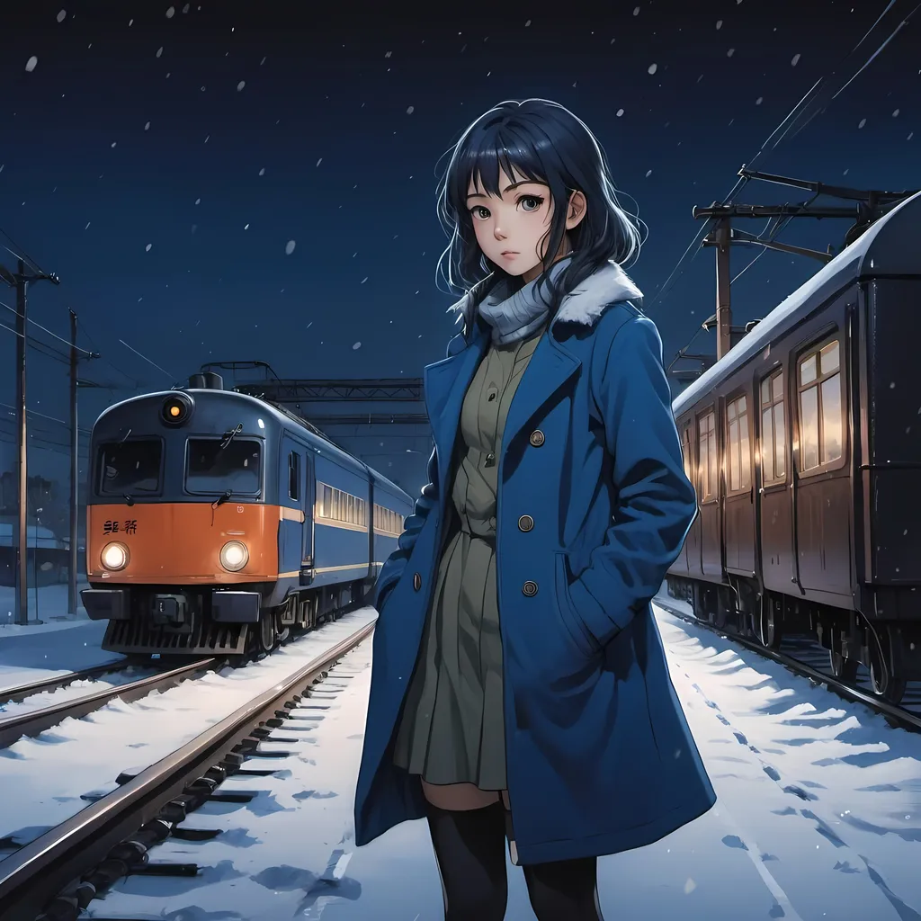 Prompt: a girl in a blue coat standing in the snow at night with a train in the background and a train track in the foreground, Chizuko Yoshida, neo-romanticism, anime art, a detailed painting