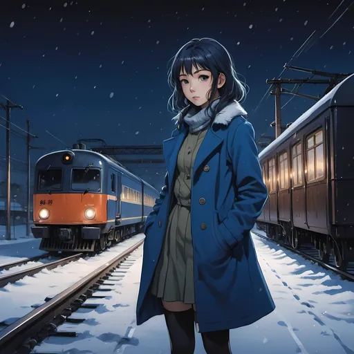 Prompt: a girl in a blue coat standing in the snow at night with a train in the background and a train track in the foreground, Chizuko Yoshida, neo-romanticism, anime art, a detailed painting