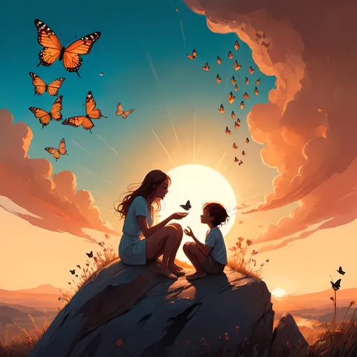 Prompt: a woman and a child sitting on a rock with butterflies flying around them and a sun setting behind them, Cyril Rolando, art & language, storybook illustration, a storybook illustration