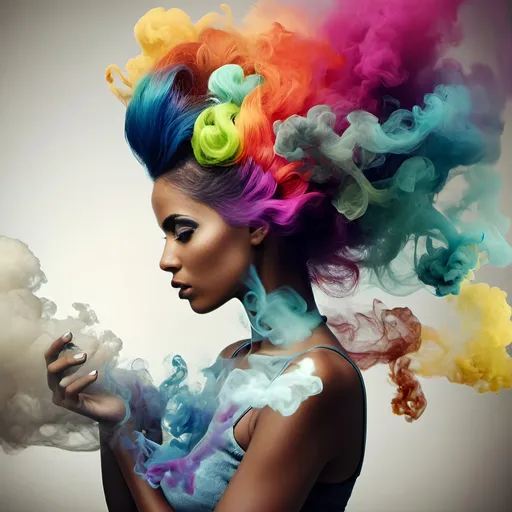 Prompt: Black Woman with colorful hair and smoke, surreal photography, airbrush painting, Alberto Seveso, analytical art, vibrant colors, high-contrast, detailed smoke, professional lighting, highres, vibrant colors, surreal, detailed hair, intense gaze, artistic, analytical, atmospheric lighting