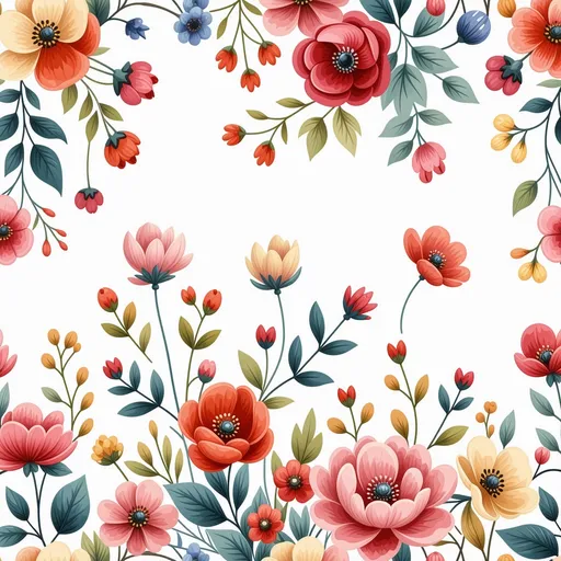 Prompt: a colorful floral seamless pattern with lots of different colors and sizes of flowers on a white background with a black border, Annabel Kidston, color field, in gouache detailed paintings, a storybook illustration