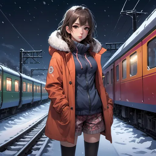Prompt: Girl in a colorful short coat standing in snowy night, full body in view, neo-romanticism, anime art, detailed painting, train in background, train track foreground, snowy landscape, detailed facial features, highres, detailed, anime, neo-romanticism, snowy night, chilly atmosphere, detailed clothing, professional lighting