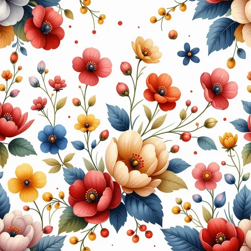 Prompt: a colorful floral seamless pattern with lots of different colors and sizes of flowers on a white background with a black border, Annabel Kidston, color field, in gouache detailed paintings, a storybook illustration