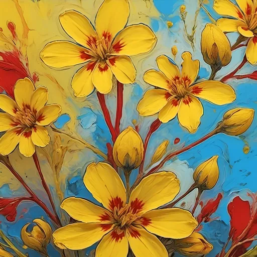 Prompt: a painting of yellow flowers with a blue background and a red border around the edges of the image and the bottom half of the frame, Affandi, generative art, summer vibrancy, a digital rendering