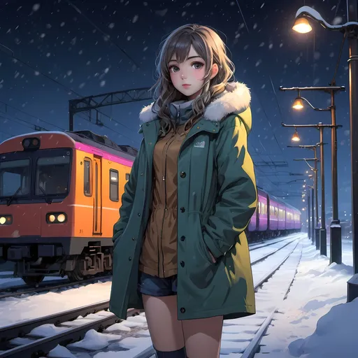 Prompt: Girl in a colorful short coat standing in snowy night, full body in view, neo-romanticism, anime art, detailed painting, train in background, train track foreground, snowy landscape, detailed facial features, highres, detailed, anime, neo-romanticism, snowy night, chilly atmosphere, detailed clothing, professional lighting