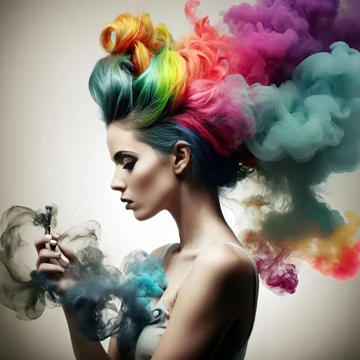 Prompt: Woman with colorful hair and smoke, surreal photography, airbrush painting, Alberto Seveso, analytical art, vibrant colors, high-contrast, detailed smoke, professional lighting, highres, vibrant colors, surreal, detailed hair, intense gaze, artistic, analytical, atmospheric lighting