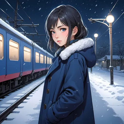 Prompt: Girl in blue coat standing in snowy night, Chizuko Yoshida, neo-romanticism, anime art, detailed painting, train in background, train track foreground, snowy landscape, detailed facial features, highres, detailed, anime, neo-romanticism, snowy night, chilly atmosphere, detailed clothing, professional lighting