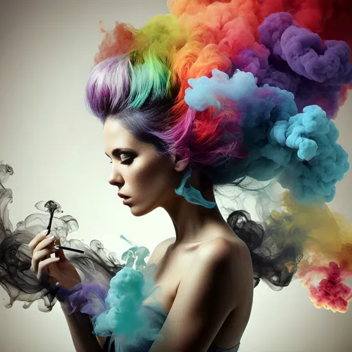 Prompt: Woman with colorful hair and smoke, surreal photography, airbrush painting, Alberto Seveso, analytical art, vibrant colors, high-contrast, detailed smoke, professional lighting, highres, vibrant colors, surreal, detailed hair, intense gaze, artistic, analytical, atmospheric lighting