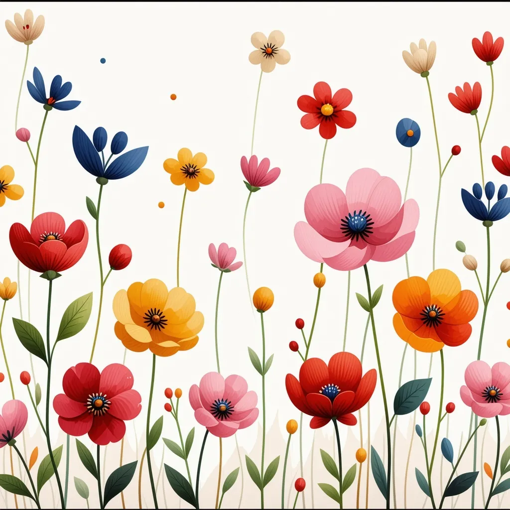 Prompt: a colorful floral pattern with lots of different colors and sizes of flowers on a white background with a black border, Annabel Kidston, color field, in gouache detailed paintings, a storybook illustration