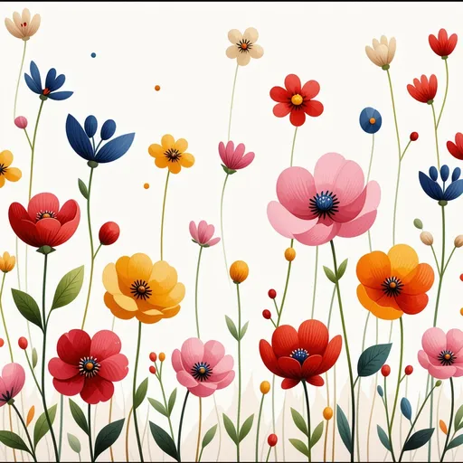 Prompt: a colorful floral pattern with lots of different colors and sizes of flowers on a white background with a black border, Annabel Kidston, color field, in gouache detailed paintings, a storybook illustration