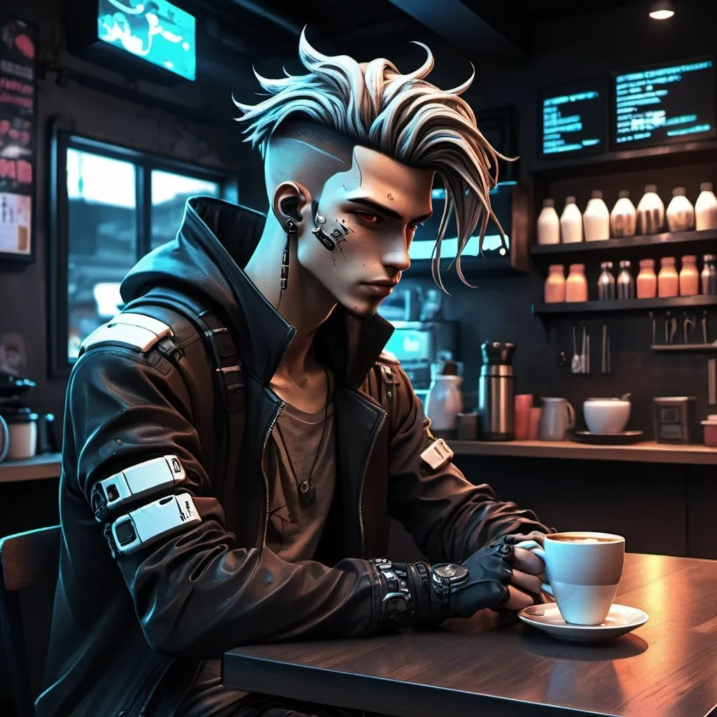 Prompt: Anime cyberpunk style, man in coffee shop, highly detailed, HD, dark background