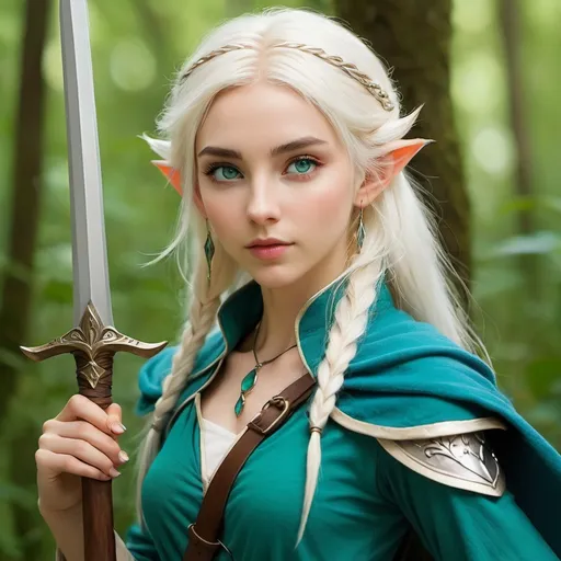 Prompt: Sindarin elf female, feral, wild,
, mysterious, feral, wild, fierce, druid clothes, staff, dagger, platinum blonde, blue-green eyes, in the style of Studio Ghibli 