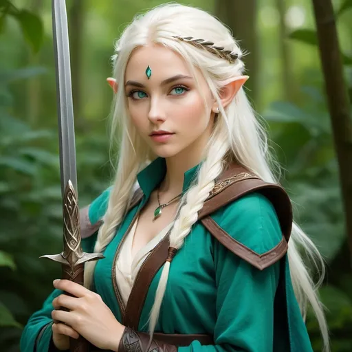 Prompt: Sindarin elf female, feral, wild,
, mysterious, feral, wild, fierce, druid clothes, staff, dagger, platinum blonde, blue-green eyes, in the style of Studio Ghibli 