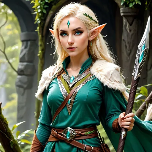 Prompt: Sindarin elf female, feral, wild,
, mysterious, feral, wild, fierce, druid clothes, staff, dagger, platinum blonde, blue-green eyes