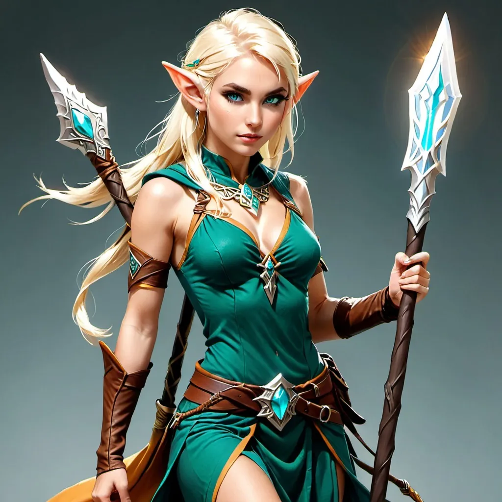 Prompt: Sindarin elf female, feral, wild,
, mysterious, feral, wild, fierce, druid clothes, staff, dagger, platinum blonde, blue-green eyes