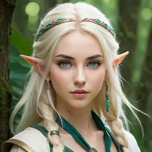 Prompt: Sindarin elf female, feral, wild, beautiful, alluring, mysterious, feral, wild, fierce, druid clothes, staff, dagger, platinum blonde, blue-green eyes, in the style of Studio Ghibli 