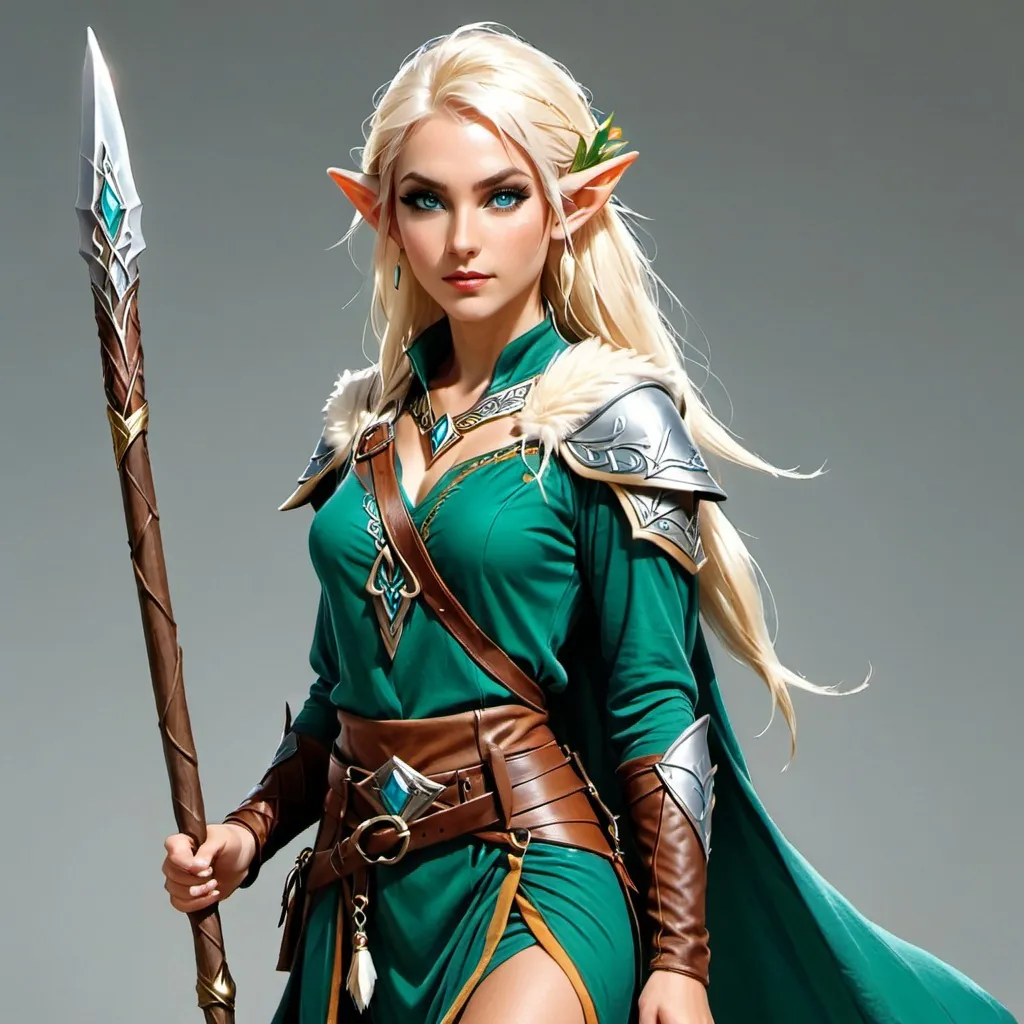 Prompt: Sindarin elf female, feral, wild,
, mysterious, feral, wild, fierce, druid clothes, staff, dagger, platinum blonde, blue-green eyes