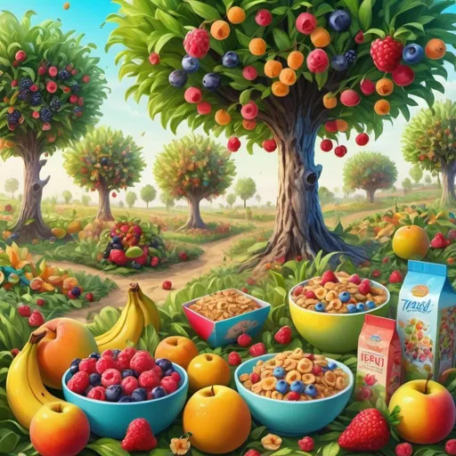 Prompt: Beautiful fruit garden with cereal packages as fruits, vibrant colors, high quality, detailed, surreal, digital painting, lush greenery, abundant harvest, whimsical, breakfast cereal trees, magical atmosphere