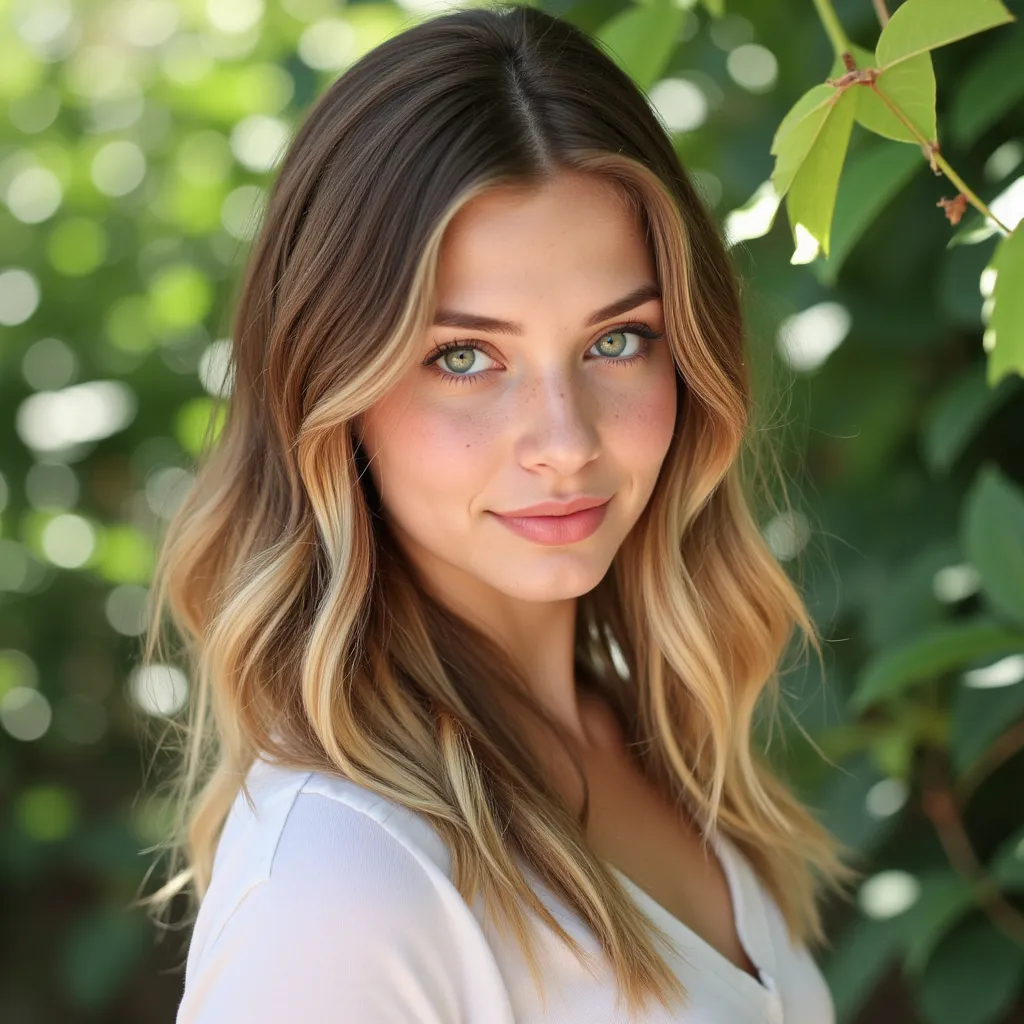 Prompt: A beautiful young woman, brown hair with blond ends, she’s 5 foot 5 inches, casual but dressy, beautiful green eyes 