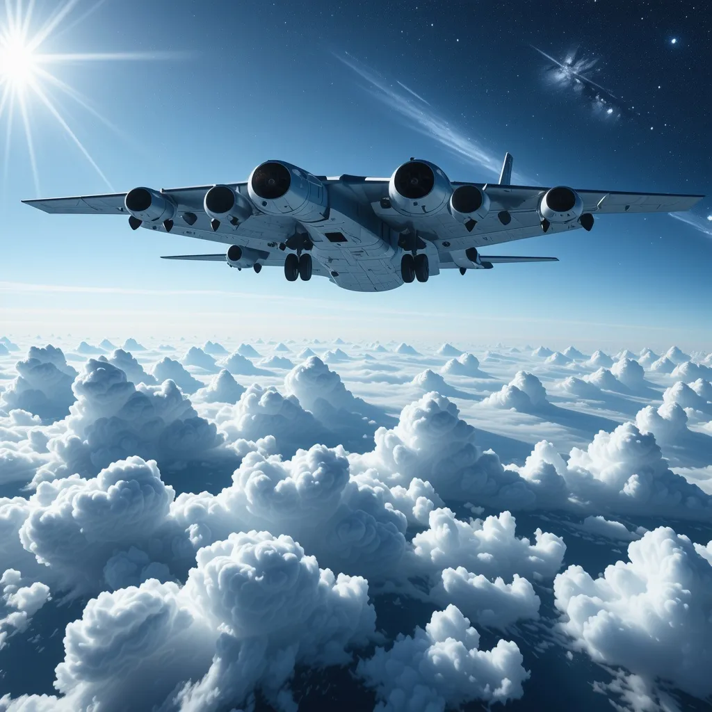 Prompt: A space in the sky lik earth where  men can fly to for safety during war.