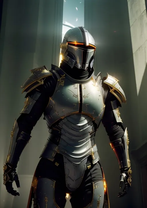 Prompt: Futuristic sci-fi inspired knight, dark armor on entire body with a gold Templar cross on chest and other gold accents, solid full face visor on helmet, similar pose but standing in Ancient Rome

