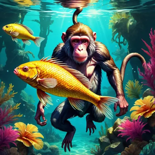 Prompt: Fish carrying monkey in water, digital illustration, tropical underwater scene, vibrant colors, detailed scales and fur, high quality, digital art, vibrant tones, underwater lighting