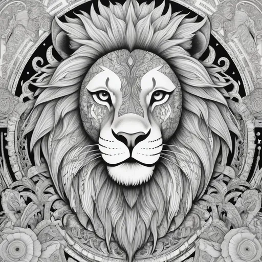 Prompt: B&W coloring book page, lion with intricate patterns inside of it, 