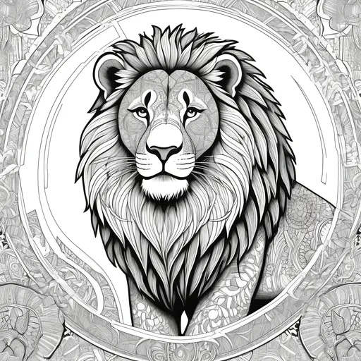 Prompt: B&W coloring book page, lion with intricate patterns inside of it, thick lines