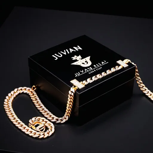Prompt: on a dark background, there is a stylish black box, this brand is "JUVANI", inside there is an iced out cuban chain necklace