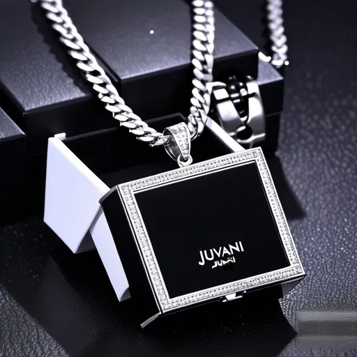 Prompt: on a dark background, there is a stylish black box, this brand is "JUVANI", inside there is an silver iced out cuban chain necklace