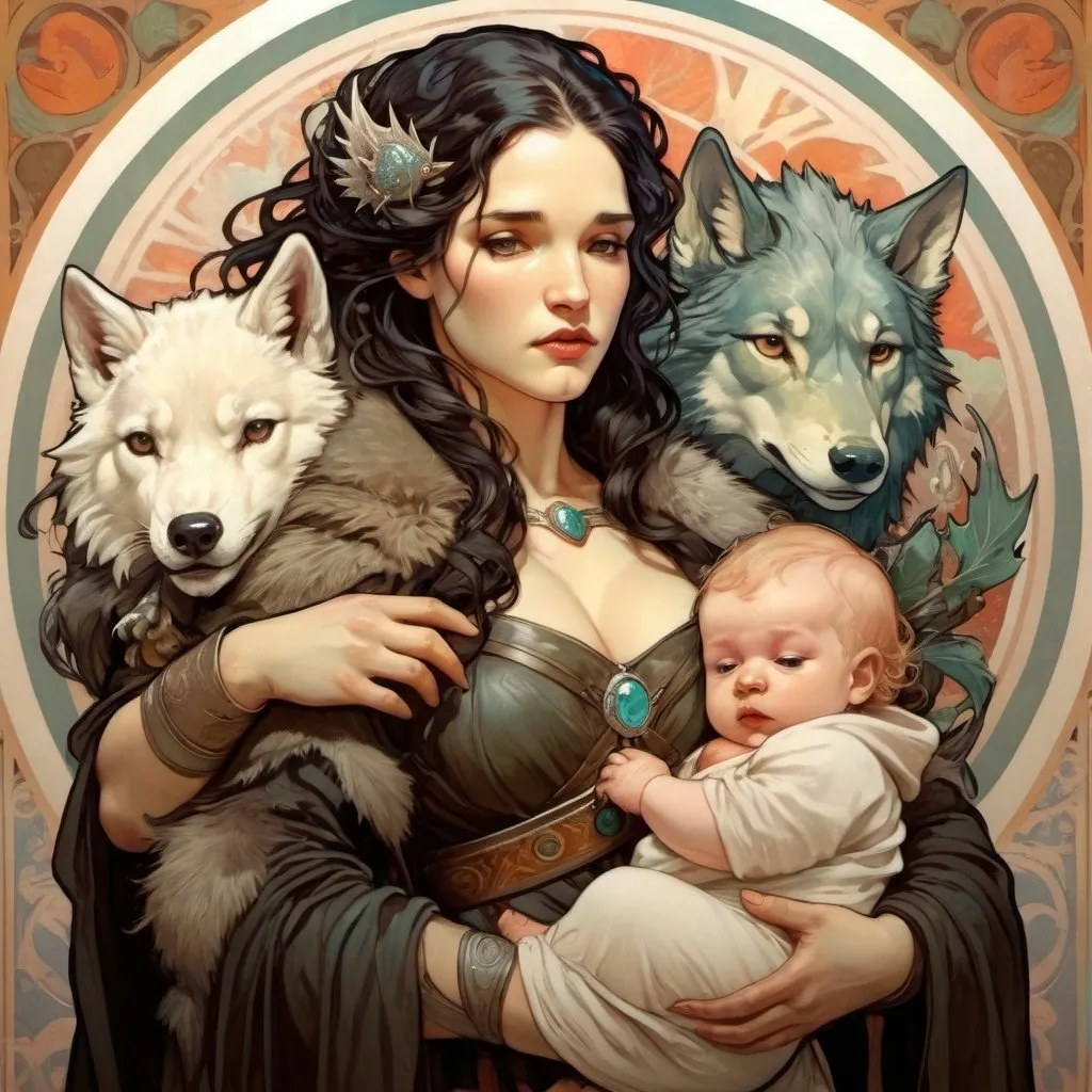 Prompt: female jon snow with baby dragon and wolf