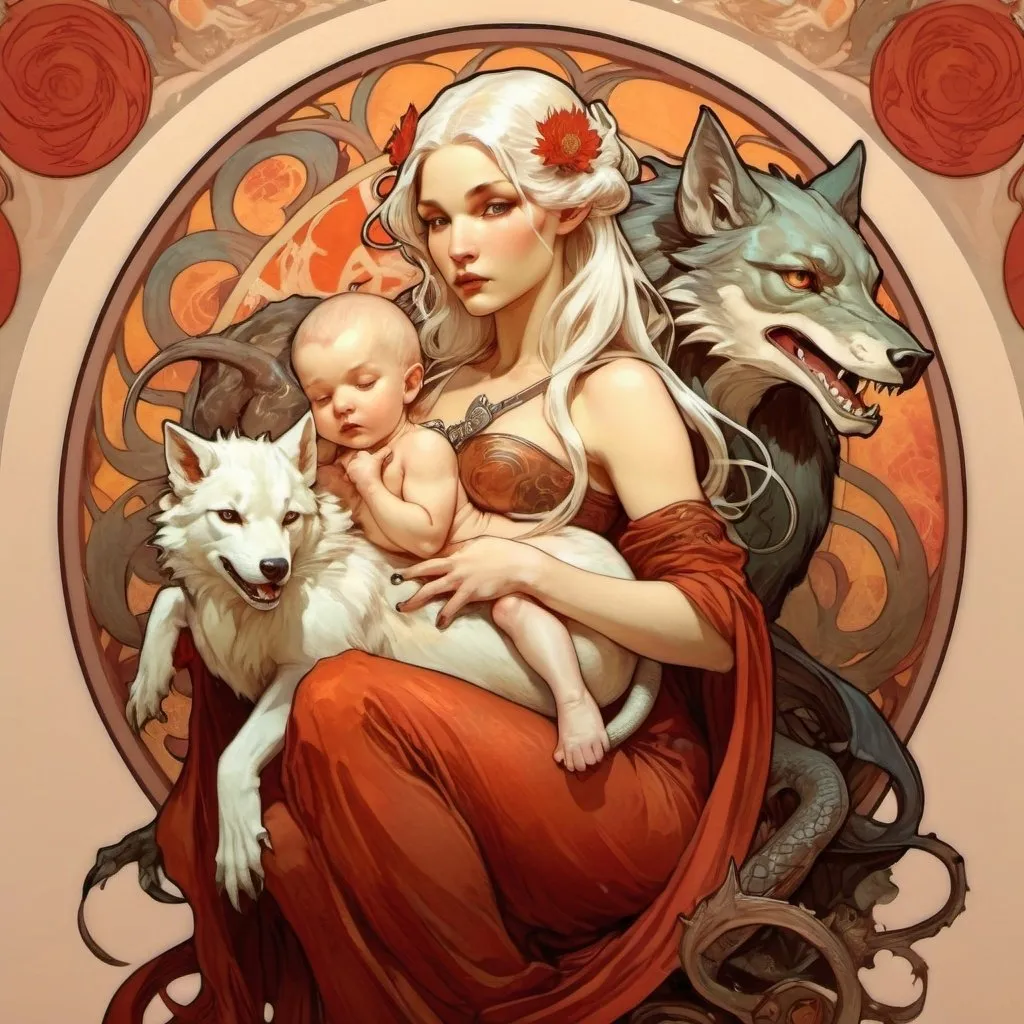 Prompt: female targaryen with baby dragon and wolf