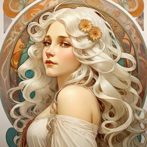 Prompt: young woman wavy long white hair