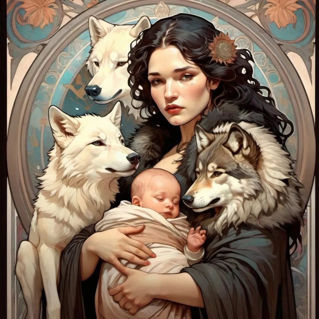Prompt: female jon snow with baby and wolf