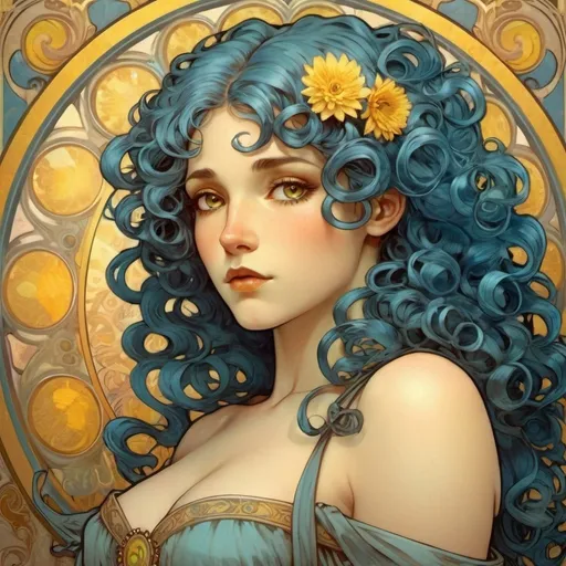 Prompt: female curly blue hair yellow eyes