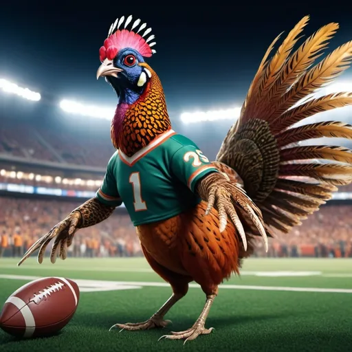 Prompt: (Male pheasant dressed as a football player), vibrant colors, intricate feather details, wearing a football jersey and helmet, dynamic pose with a football in talons, exciting stadium backdrop, cheering crowd, warm lighting showcasing the action, whimsical yet fierce ambiance, ultra-detailed, 4K resolution, concept combines sport and nature in a playful way.