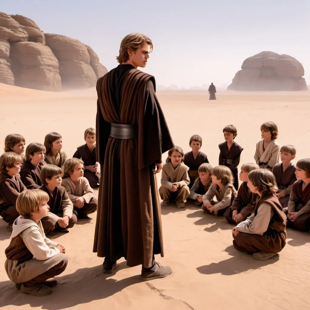 Prompt: Photo of Anakin Skywalker teaching a room full of kids. They are standing outside in a desert
